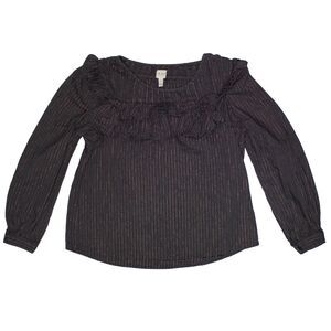 La Vie Rebecca Taylor Black Metallic Stripe Ruffled Long Sleeve Top Women Size S